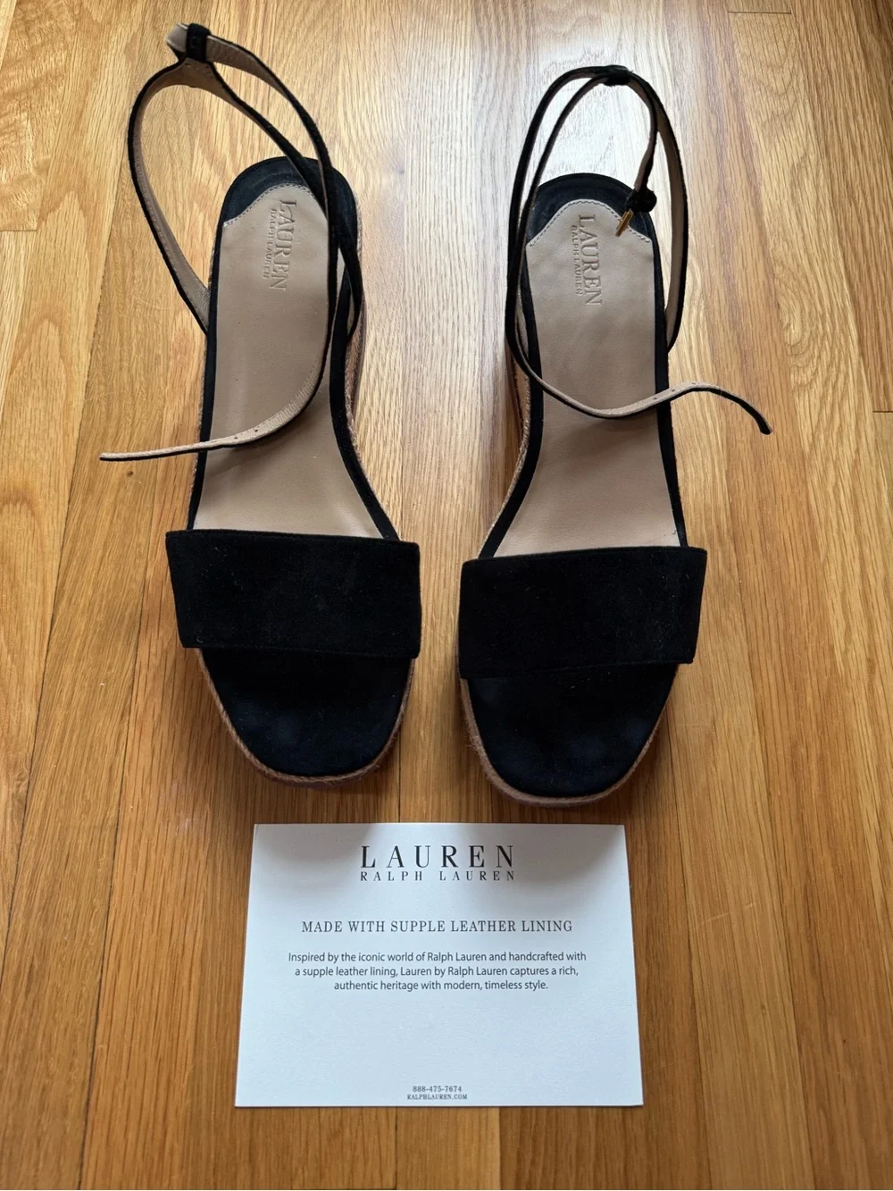 Ralph Lauren Black Suede Espadrille Wedge Sandals with Ankle Strap